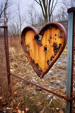 heart-shaped hole in a rusted metal fence, created with generative aiの素材