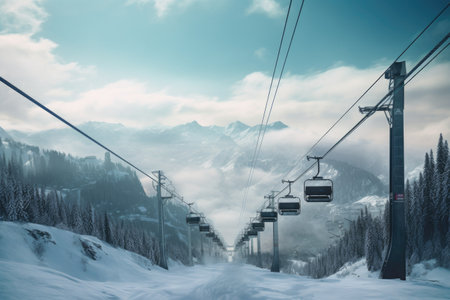 empty chairlifts over a scenic alpine ski slope, created with generative aiの素材
