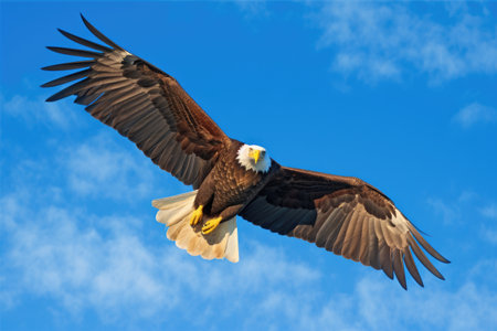 bald eagle soaring high against a blue sky, created with generative aiの素材