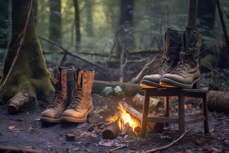 aged boots beside a campfire in a forest setting, created with generative aiの素材