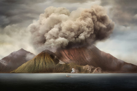 smoke billowing from a volcanic islands peak, created with generative aiの素材