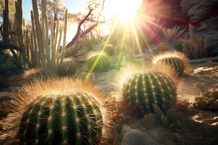 sunrays filtering through cactus spines, created with generative aiの素材