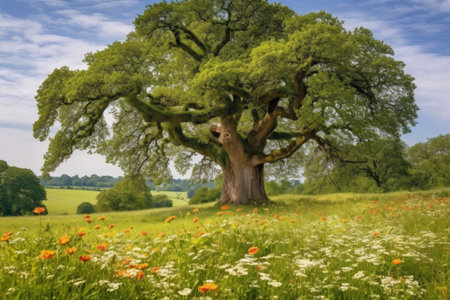 oak tree surrounded by wildflower meadow, created with generative aiの素材