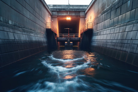 abstract long exposure of water rushing through dam gates, created with generative aiの素材