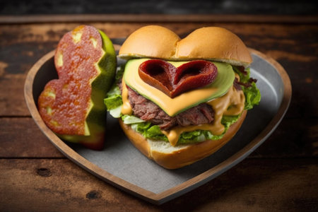 heart-shaped slider burger with cheese, bacon, and avocado on a heart-shaped bun, created with generative aiの素材
