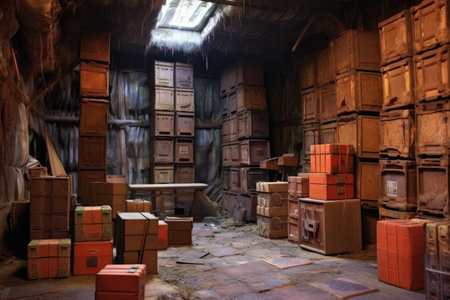 rusty ammunition crates stacked in an old storage facility, created with generative aiの素材
