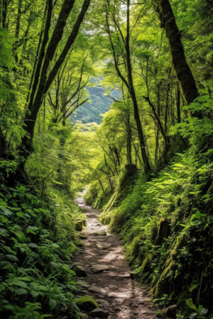 scenic mountain trail with lush greenery, created with generative aiの素材