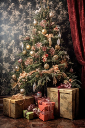 decorated christmas tree with gifts underneath, created with generative aiの素材