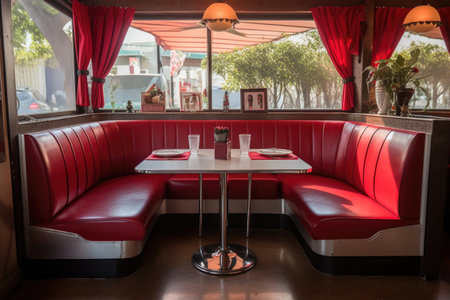 vintage diner booth with red leather seats, created with generative aiの素材