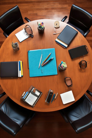 overhead view of a round conference table with notepads, pens, and coffee mugs, created with generative aiの素材