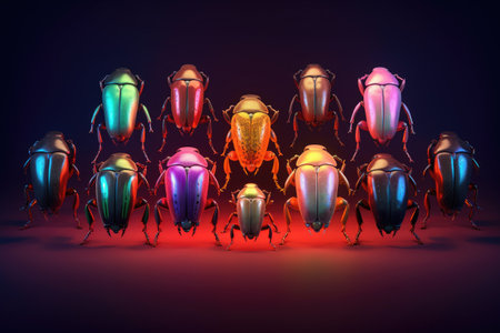 diverse beetles arranged in a color gradient, created with generative aiの素材