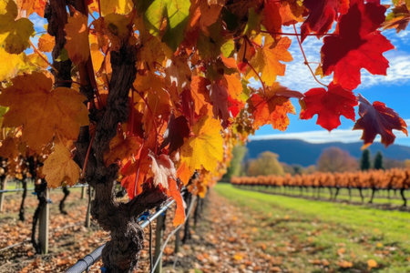 colorful autumn vineyard leaves on a crisp day, created with generative aiの素材