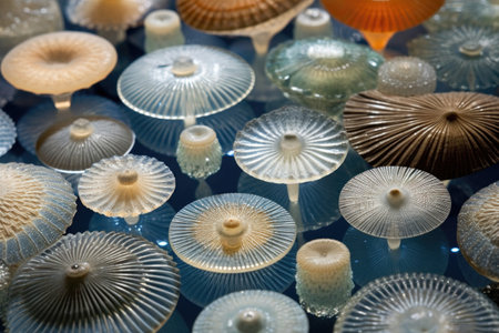 close-up of diatoms displaying intricate glass-like shells, created with generative aiの素材