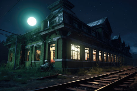 moonlit night illuminating an old, derelict train station, created with generative aiの素材