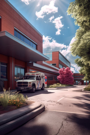ambulance parked outside emergency room entrance, created with generative aiの素材
