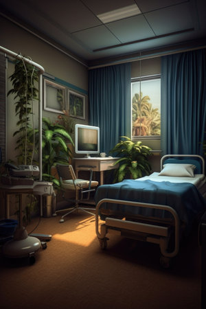 hospital room with neatly made bed and equipment, created with generative aiの素材