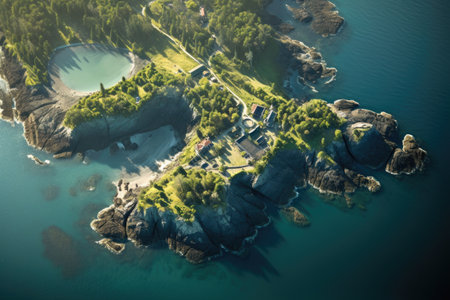 aerial view of mysterious island coastline, created with generative aiの素材