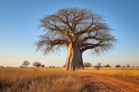 an isolated baobab tree standing tall in the savanna, created with generative aiの素材