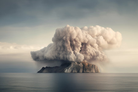volcanic ash cloud rising over a remote island, created with generative aiの素材