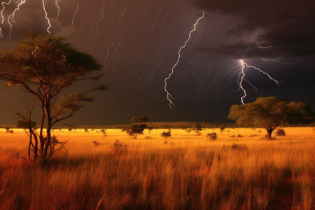 lightning storm illuminating the vast savanna, created with generative aiの素材