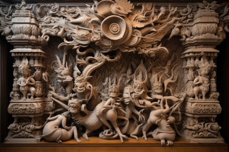 elaborate carvings of mythical creatures in hindu temple, created with generative aiの素材