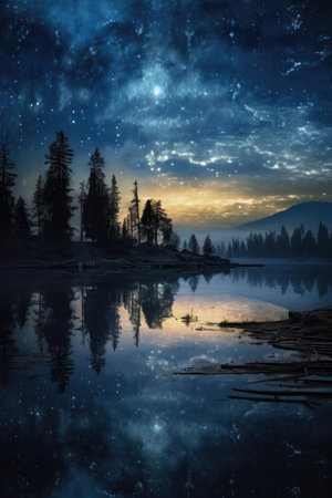 tranquil lake reflecting a starry night sky, created with generative aiの素材