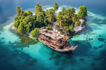 aerial view of an old pirate ship anchored near a tropical island, created with generative aiの素材