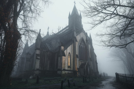 a spooky, foggy scene outside an abandoned church, created with generative aiの素材