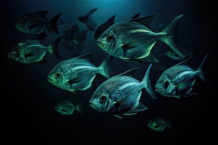 a school of hatchetfish reflecting light in the darkness, created with generative aiの素材