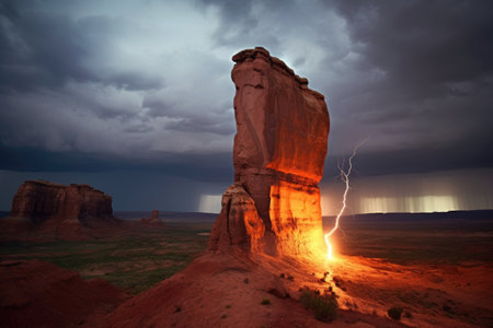 lightning striking near a magnetic rock formation, created with generative aiの素材