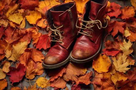 leather boots with autumn leaves scattered around, created with generative aiの素材