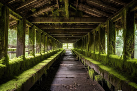 moss-covered wooden beams inside a covered bridge, created with generative aiの素材