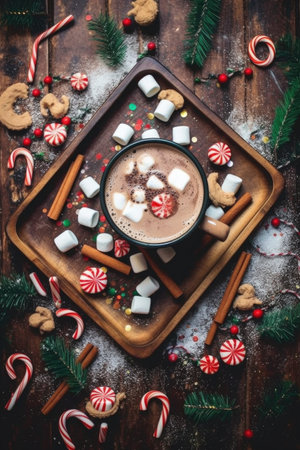 top view of hot cocoa with marshmallows and candy canes, created with generative aiの素材
