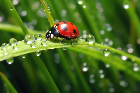 vivid ladybug on a dew-kissed blade of grass, created with generative aiの素材