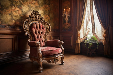 ornate wooden victorian armchair in luxurious room, created with generative aiの素材