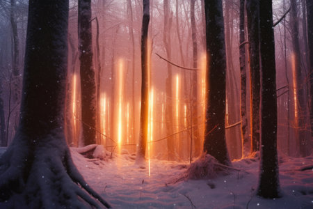 light pillars forming a glowing forest in snow, created with generative aiの素材