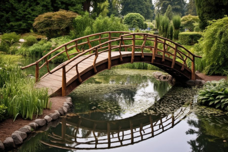 wooden bridge arching over a zen garden pond, created with generative aiの素材