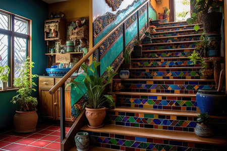 staircase with colorful mosaic tiles on risers, created with generative aiの素材