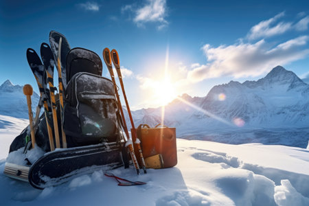 close-up of ski equipment in snow with mountain view, created with generative aiの素材