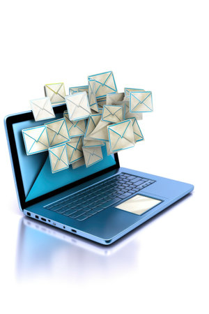 email marketing with envelopes and laptop, created with generative aiの素材