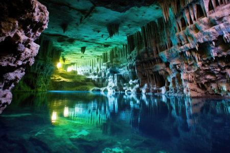 lava tube cave with a crystal-clear underground lake, created with generative aiの素材