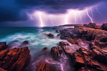 lightning storm over a rocky ocean coastline, created with generative aiの素材