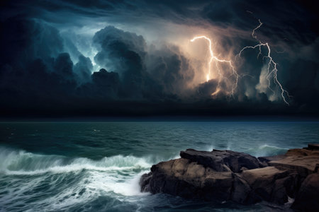dramatic lightning storm above raging ocean, created with generative aiの素材