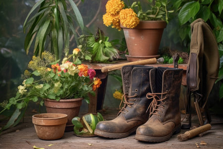 aged leather boots with gardening tools nearby, created with generative aiの素材