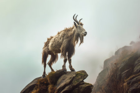 close-up of mountain goat standing on cliff edge, created with generative aiの素材