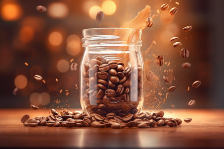coffee beans falling into glass jar with soft light, created with generative aiの素材