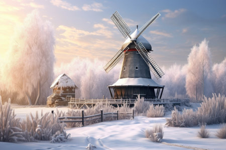snow-covered windmill in serene winter landscape, created with generative aiの素材