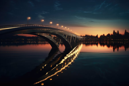 modern bridge illuminated at night over calm waters, created with generative aiの素材