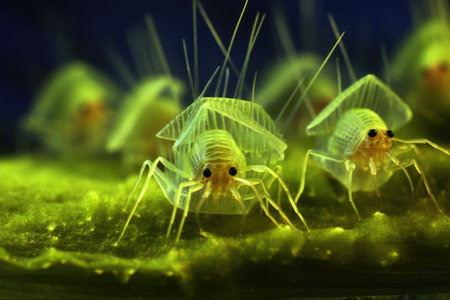 magnified image of water fleas feeding on algae, created with generative aiの素材
