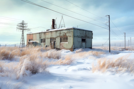 wind-swept snow blanketing an abandoned laboratory, created with generative aiの素材
